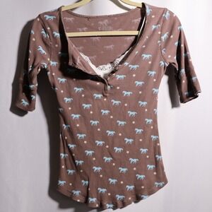 VTG Y2K Energie‎ Brown Fitted Ribbed Henley Top Blue Horse Print Lace Trim XS